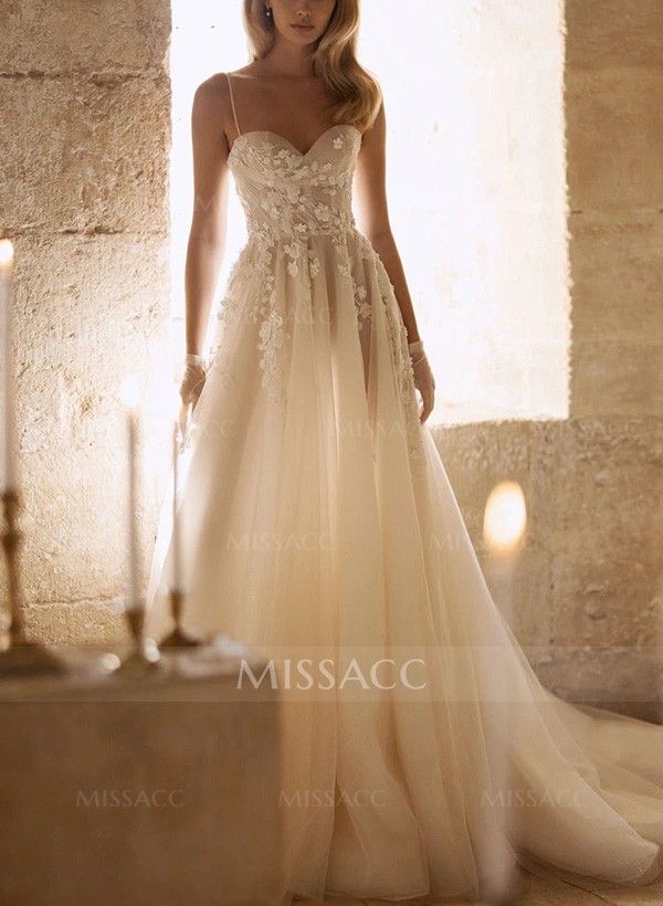 A-Line Sweetheart Sleeveless Tulle Wedding Dresses With Flower(s)