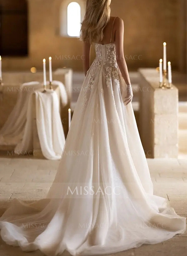 A-Line Sweetheart Sleeveless Tulle Wedding Dresses With Flower(s)