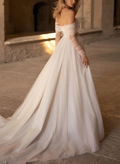 A-Line Off-The-Shoulder Tulle/Sequined Wedding Dresses With High Split