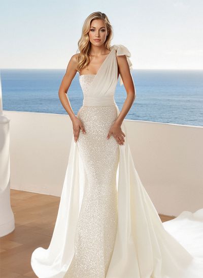 Trumpet/Mermaid One-Shoulder Detachable Satin/Sequined Wedding Dresses