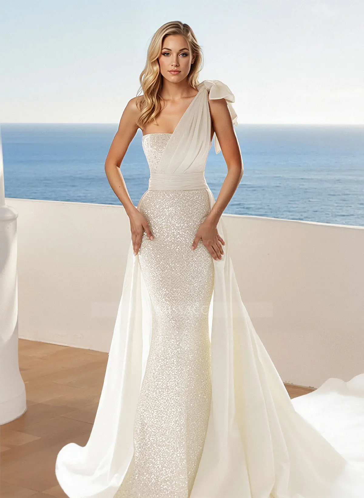 open lace back dress French One Shoulder Lace Long Sleeve Mermaid Wedding Dress with Train –  PreppyDress
