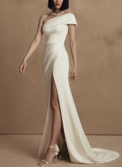 Sheath/Column One-Shoulder Satin Wedding Dresses With High Split