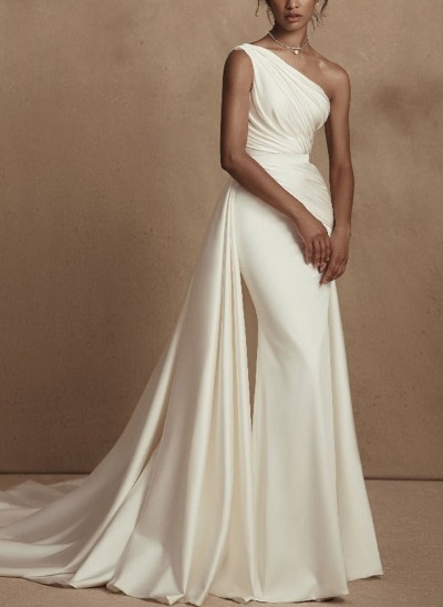 A-Line One-Shoulder Sleeveless Detachable Satin Wedding Dresses