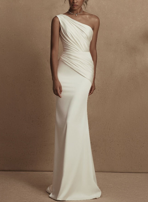 A-Line One-Shoulder Sleeveless Detachable Satin Wedding Dresses