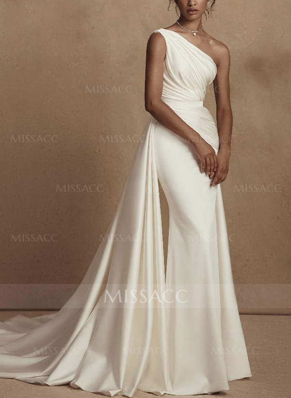 A-Line One-Shoulder Sleeveless Detachable Satin Wedding Dresses