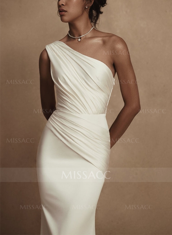 A-Line One-Shoulder Sleeveless Detachable Satin Wedding Dresses