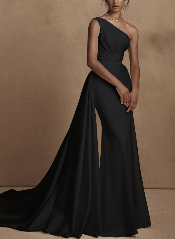 A-Line One-Shoulder Sleeveless Detachable Matte Satin Wedding Dresses