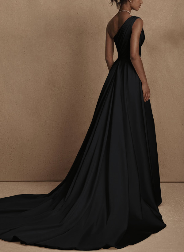 A-Line One-Shoulder Sleeveless Detachable Matte Satin Wedding Dresses