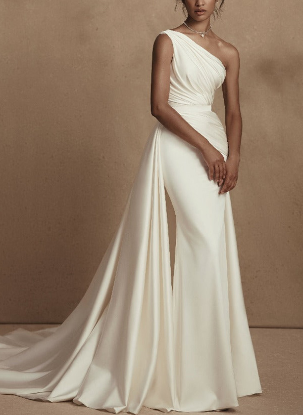 A-Line One-Shoulder Sleeveless Detachable Matte Satin Wedding Dresses