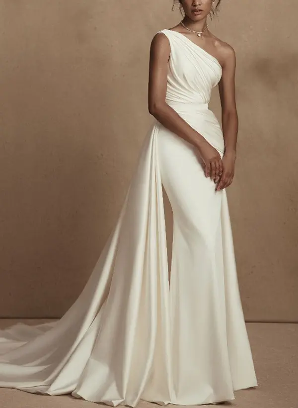 A-Line One-Shoulder Sleeveless Detachable Matte Satin Wedding Dresses A-Line One-Shoulder Sleeveless Detachable Matte Satin Wedding Dresses