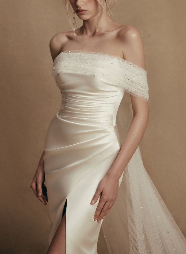 Sheath/Column Sweetheart Satin/Tulle Wedding Dresses With Beading