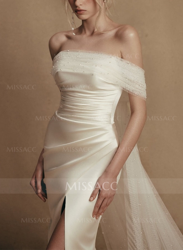 Sheath/Column Sweetheart Satin/Tulle Wedding Dresses With Beading