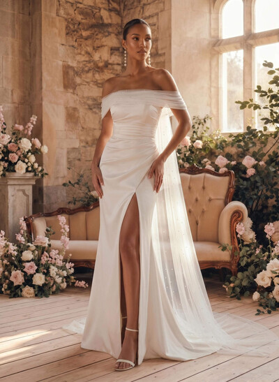 Sheath/Column Sweetheart Satin/Tulle Wedding Dresses With Beading