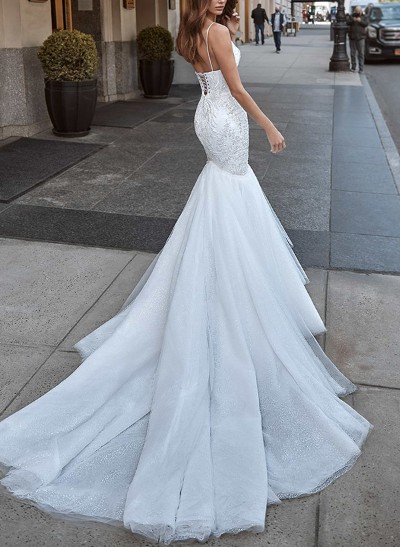 Trumpet/Mermaid Sweetheart Court Train Lace/Tulle Wedding Dresses