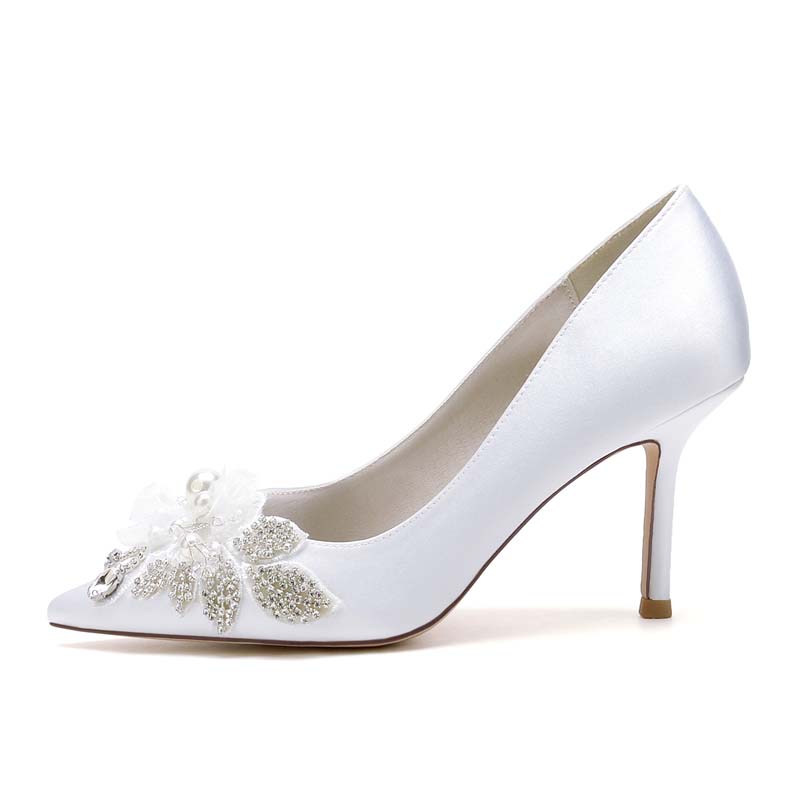 Stiletto Heel Point Toe Silk Like Satin Wedding Shoes With Pearl