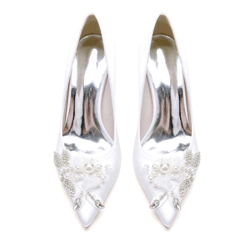 Stiletto Heel Point Toe Silk Like Satin Wedding Shoes With Pearl