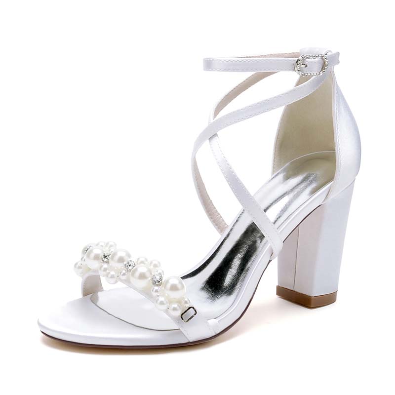 Chunky Heel Open Toe Wedding Shoes With Imitation Pearl