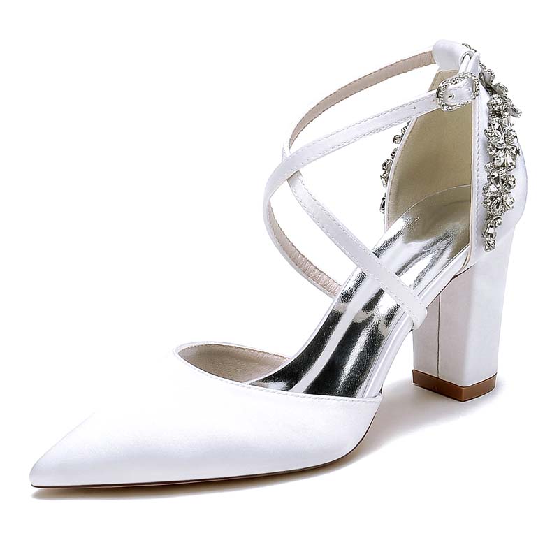 Chunky Heel Point Toe Wedding Shoes With Rhinestone
