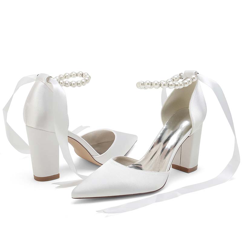 Chunky Heel Point Toe Wedding Shoes With Imitation Pearl