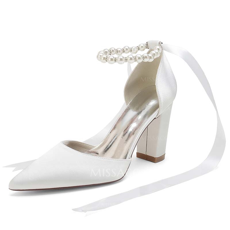 Chunky Heel Point Toe Wedding Shoes With Imitation Pearl