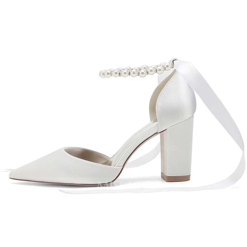 Chunky Heel Point Toe Wedding Shoes With Imitation Pearl