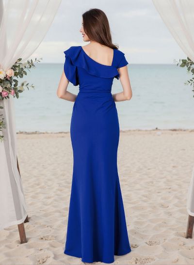 Sheath/Column Asymmetrical Elastic Satin Bridesmaid Dresses With Ruffle