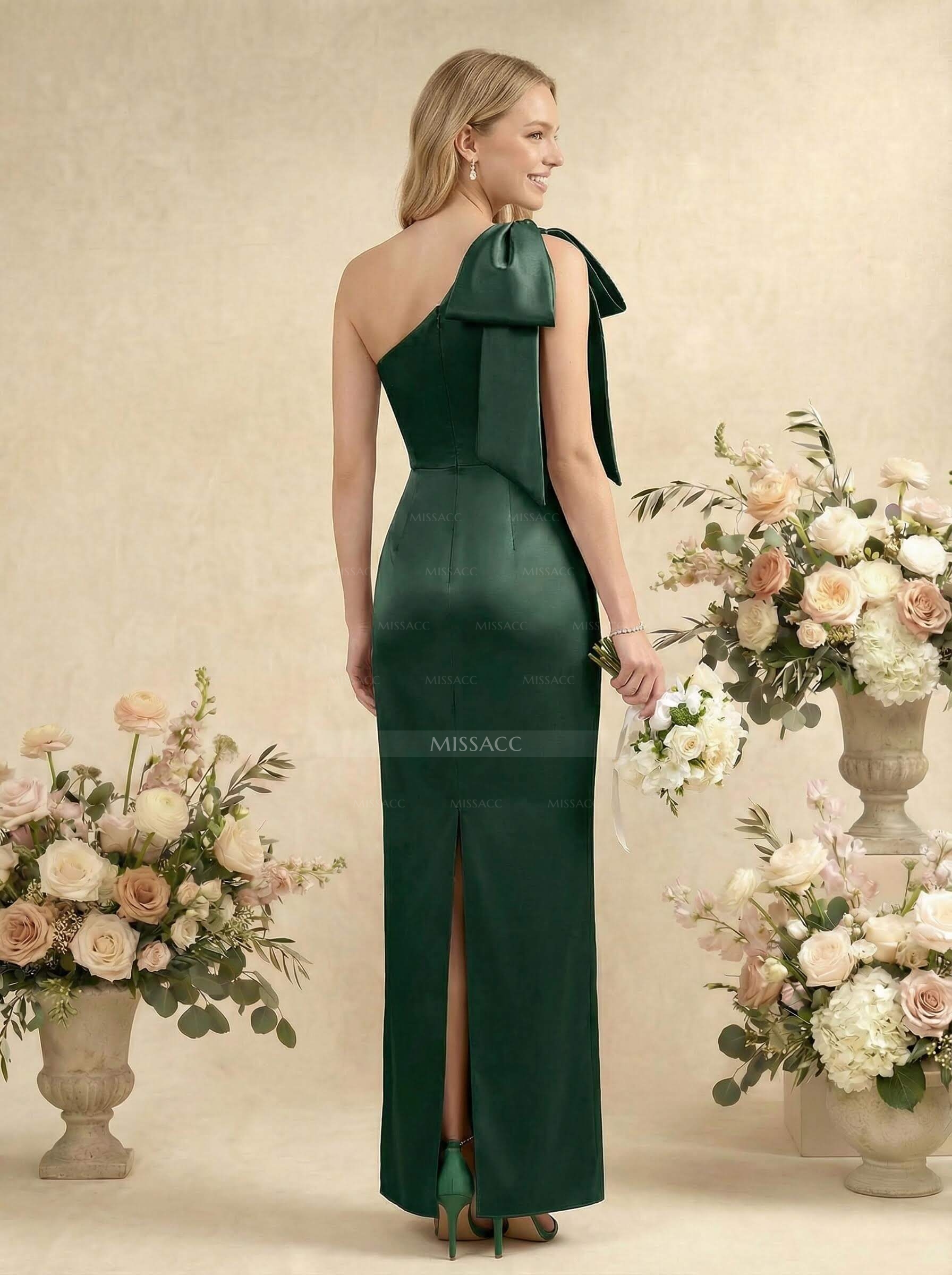 Sheath/Column One-Shoulder Sleeveless Satin Bridesmaid Dresses With Bow(s)