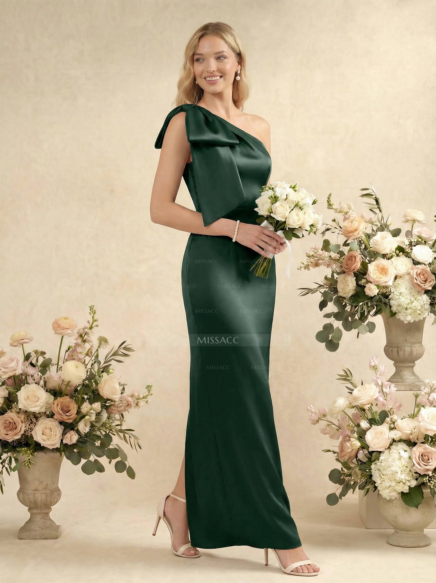 Sheath/Column One-Shoulder Sleeveless Satin Bridesmaid Dresses With Bow(s)