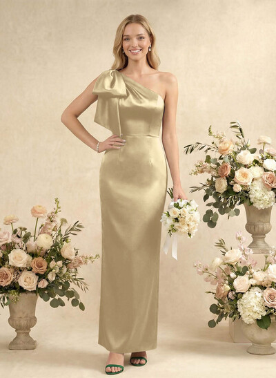 Sheath/Column One-Shoulder Sleeveless Satin Bridesmaid Dresses With Bow(s)