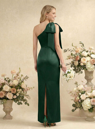 Sheath/Column One-Shoulder Sleeveless Satin Bridesmaid Dresses With Bow(s)
