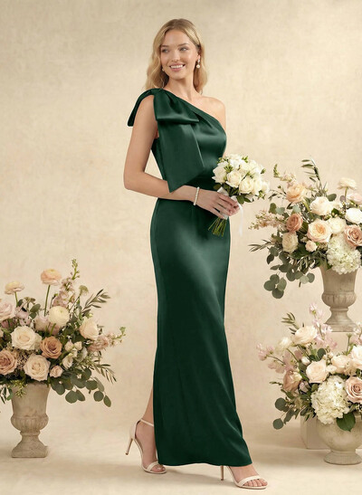 Sheath/Column One-Shoulder Sleeveless Satin Bridesmaid Dresses With Bow(s)