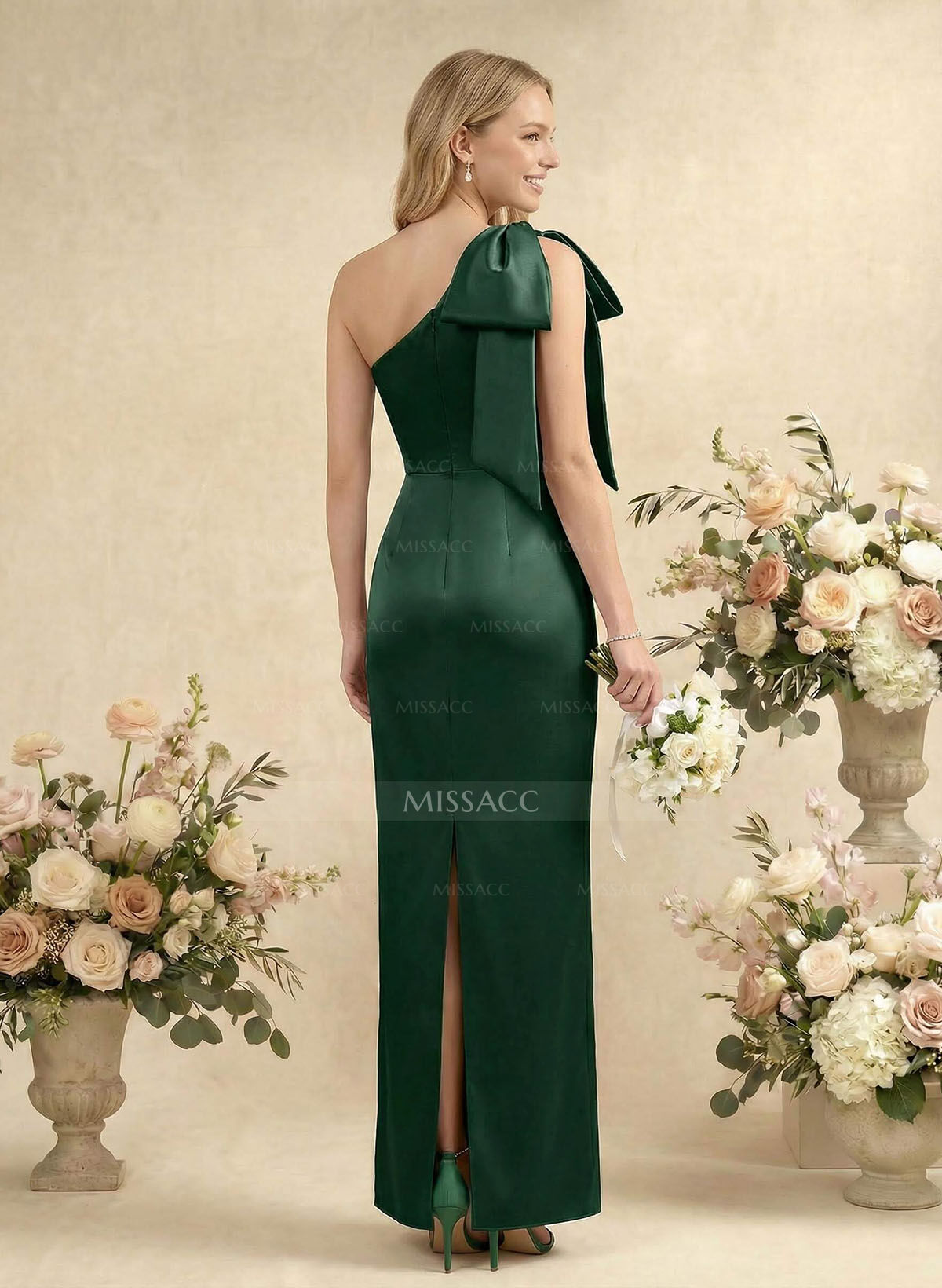 Sheath/Column One-Shoulder Sleeveless Satin Bridesmaid Dresses With Bow(s)