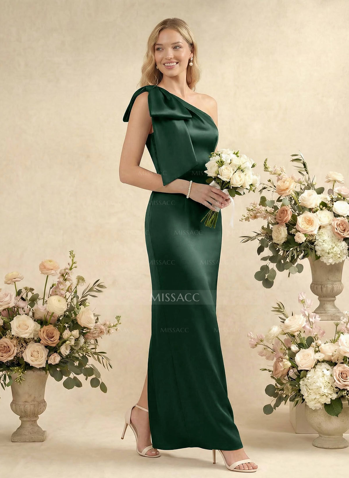 Sheath/Column One-Shoulder Sleeveless Satin Bridesmaid Dresses With Bow(s)