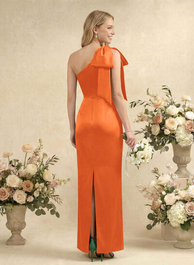 Sheath/Column One-Shoulder Sleeveless Satin Bridesmaid Dresses With Bow(s)