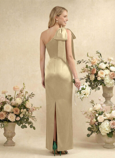 Sheath/Column One-Shoulder Sleeveless Satin Bridesmaid Dresses With Bow(s)