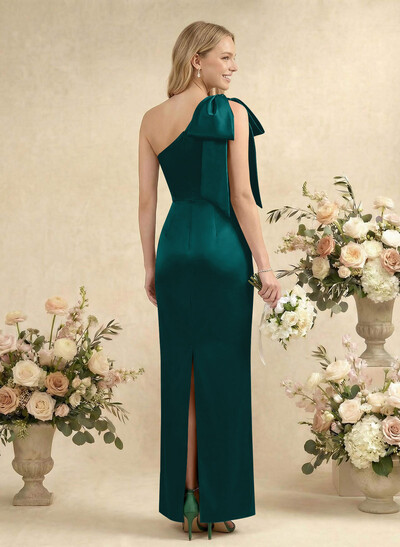 Sheath/Column One-Shoulder Sleeveless Satin Bridesmaid Dresses With Bow(s)