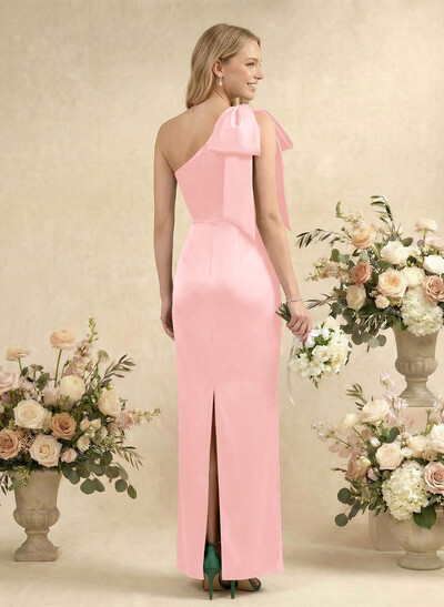 Sheath/Column One-Shoulder Sleeveless Satin Bridesmaid Dresses With Bow(s)