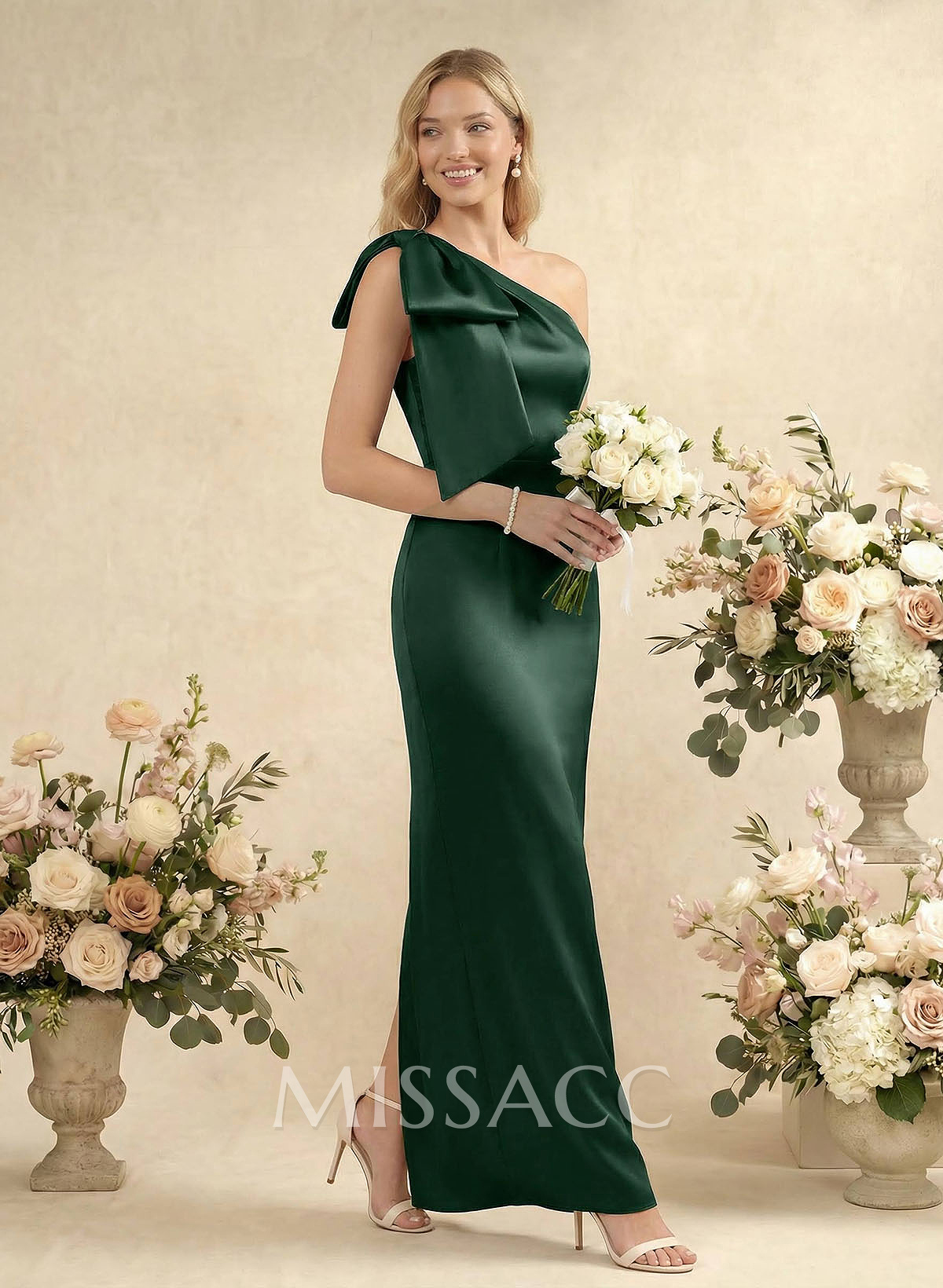 Sheath/Column One-Shoulder Sleeveless Satin Bridesmaid Dresses With Bow(s) Sheath/Column One-Shoulder Sleeveless Satin Bridesmaid Dresses With Bow(s)