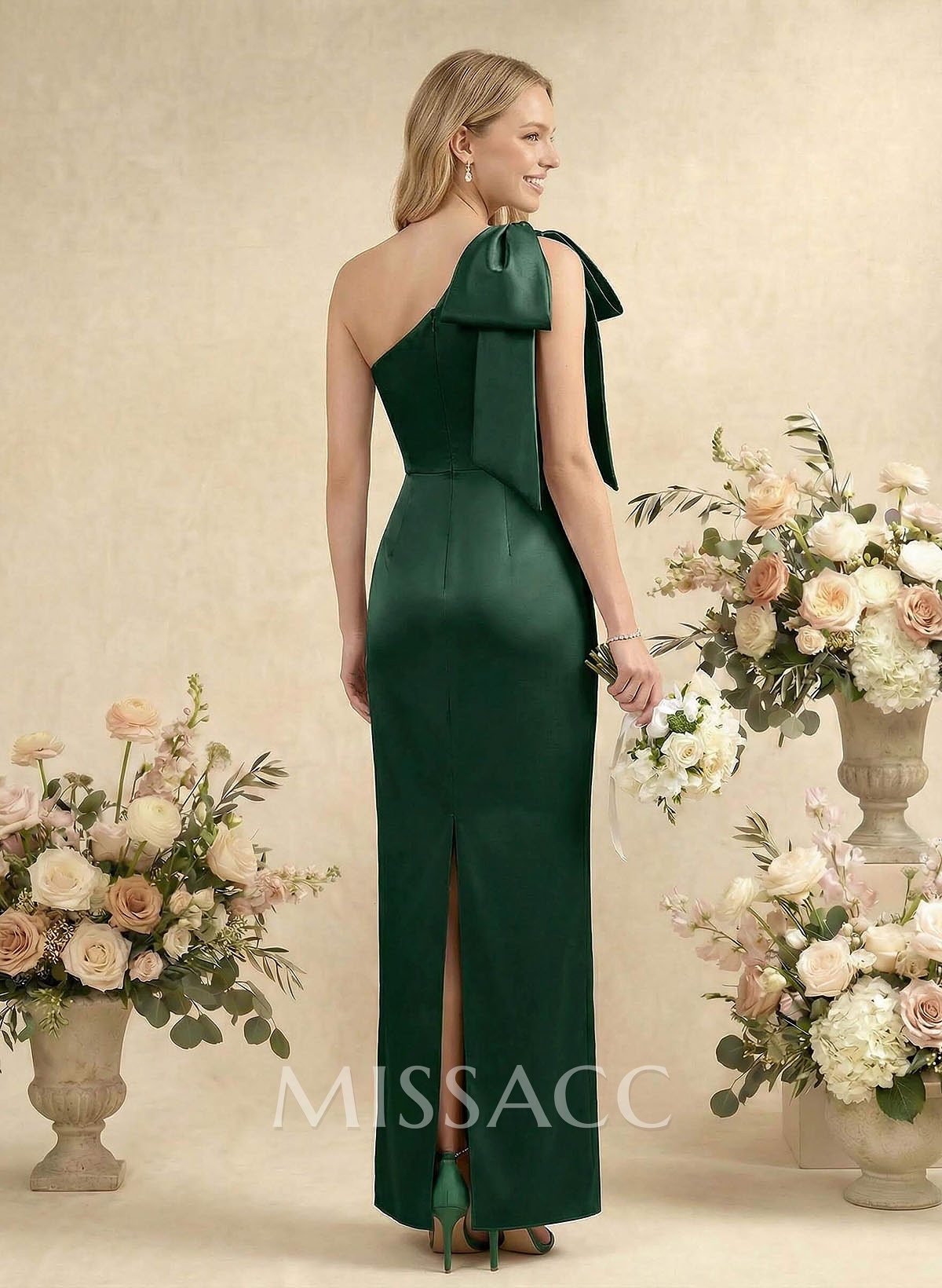 Sheath/Column One-Shoulder Sleeveless Satin Bridesmaid Dresses With Bow(s) Sheath/Column One-Shoulder Sleeveless Satin Bridesmaid Dresses With Bow(s)