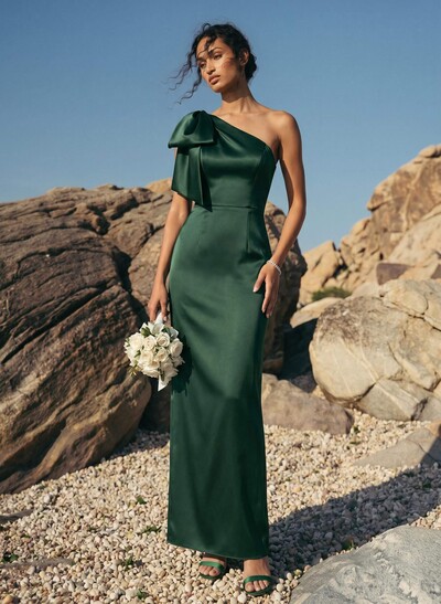 Sheath/Column One-Shoulder Sleeveless Satin Bridesmaid Dresses With Bow(s)
