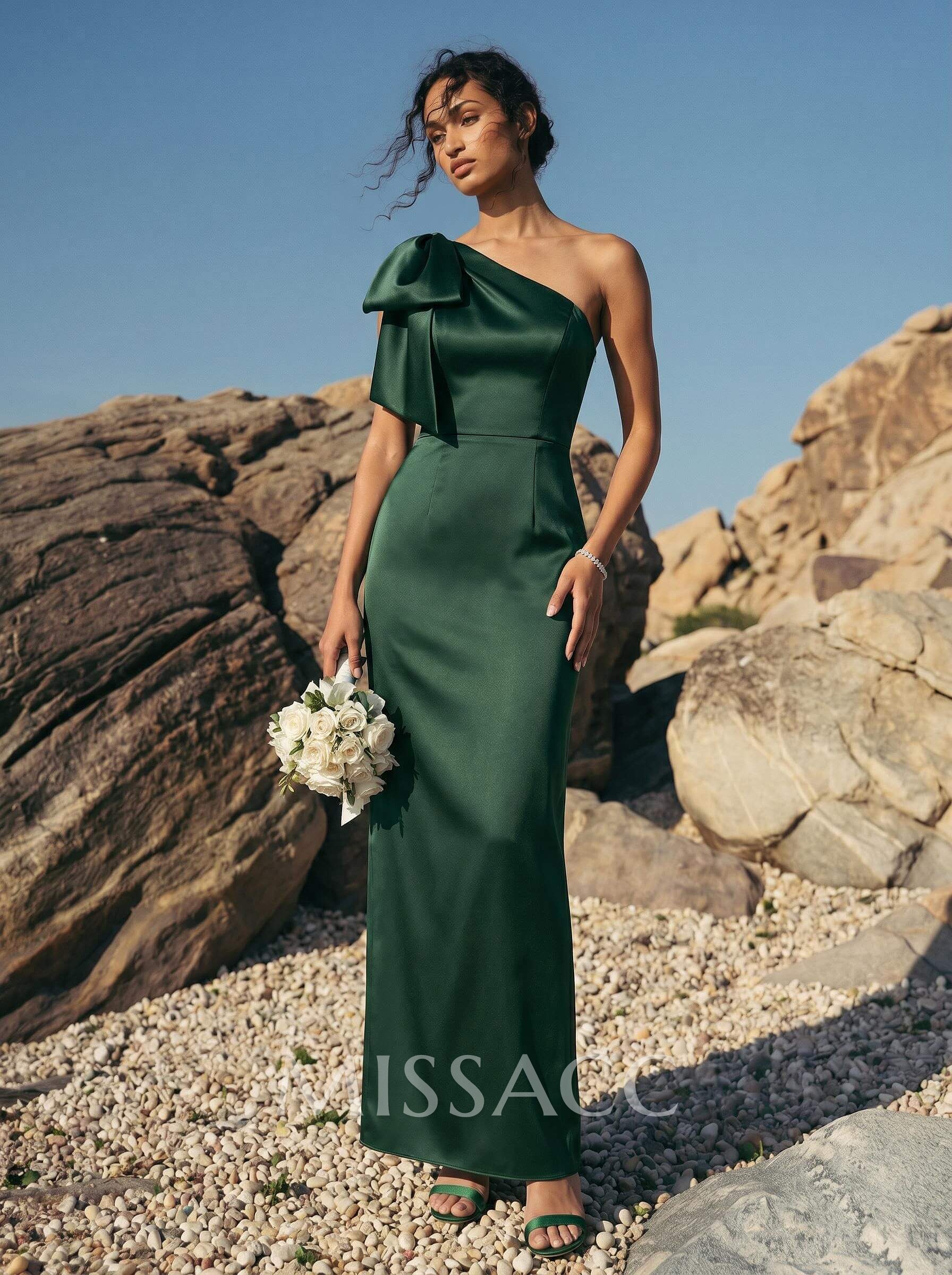 Sheath/Column One-Shoulder Sleeveless Satin Bridesmaid Dresses With Bow(s) Sheath/Column One-Shoulder Sleeveless Satin Bridesmaid Dresses With Bow(s)