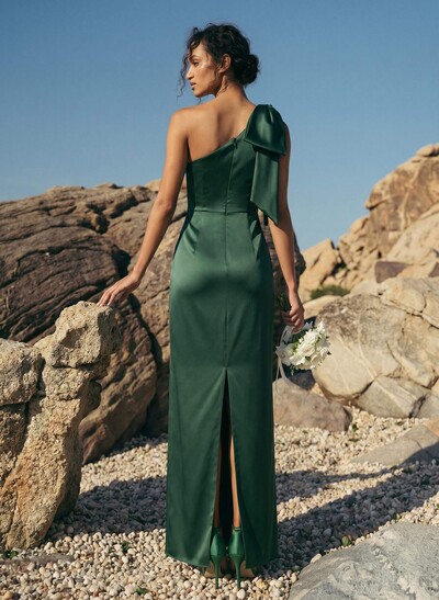 Sheath/Column One-Shoulder Sleeveless Satin Bridesmaid Dresses With Bow(s)