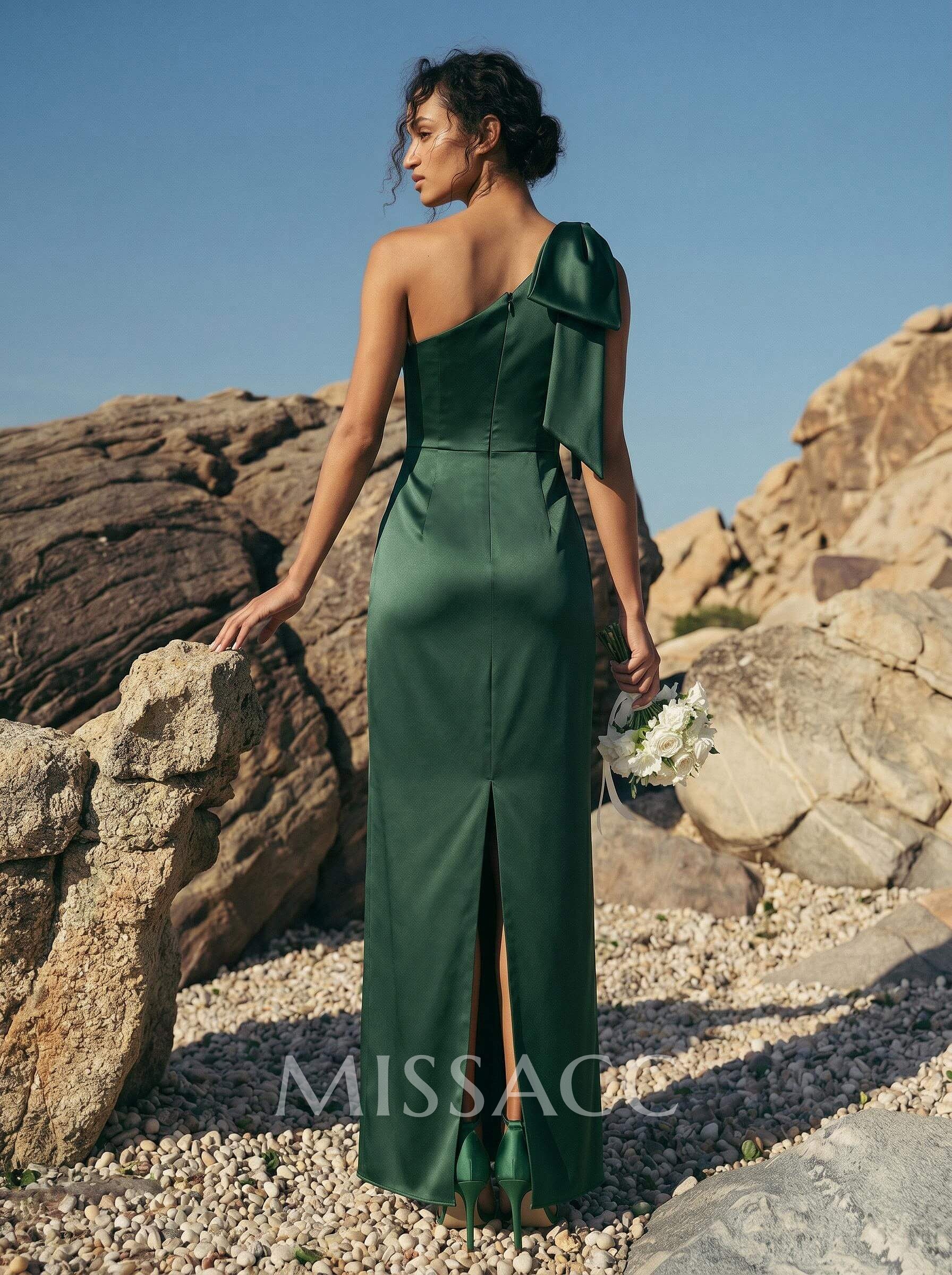 Sheath/Column One-Shoulder Sleeveless Satin Bridesmaid Dresses With Bow(s) Sheath/Column One-Shoulder Sleeveless Satin Bridesmaid Dresses With Bow(s)