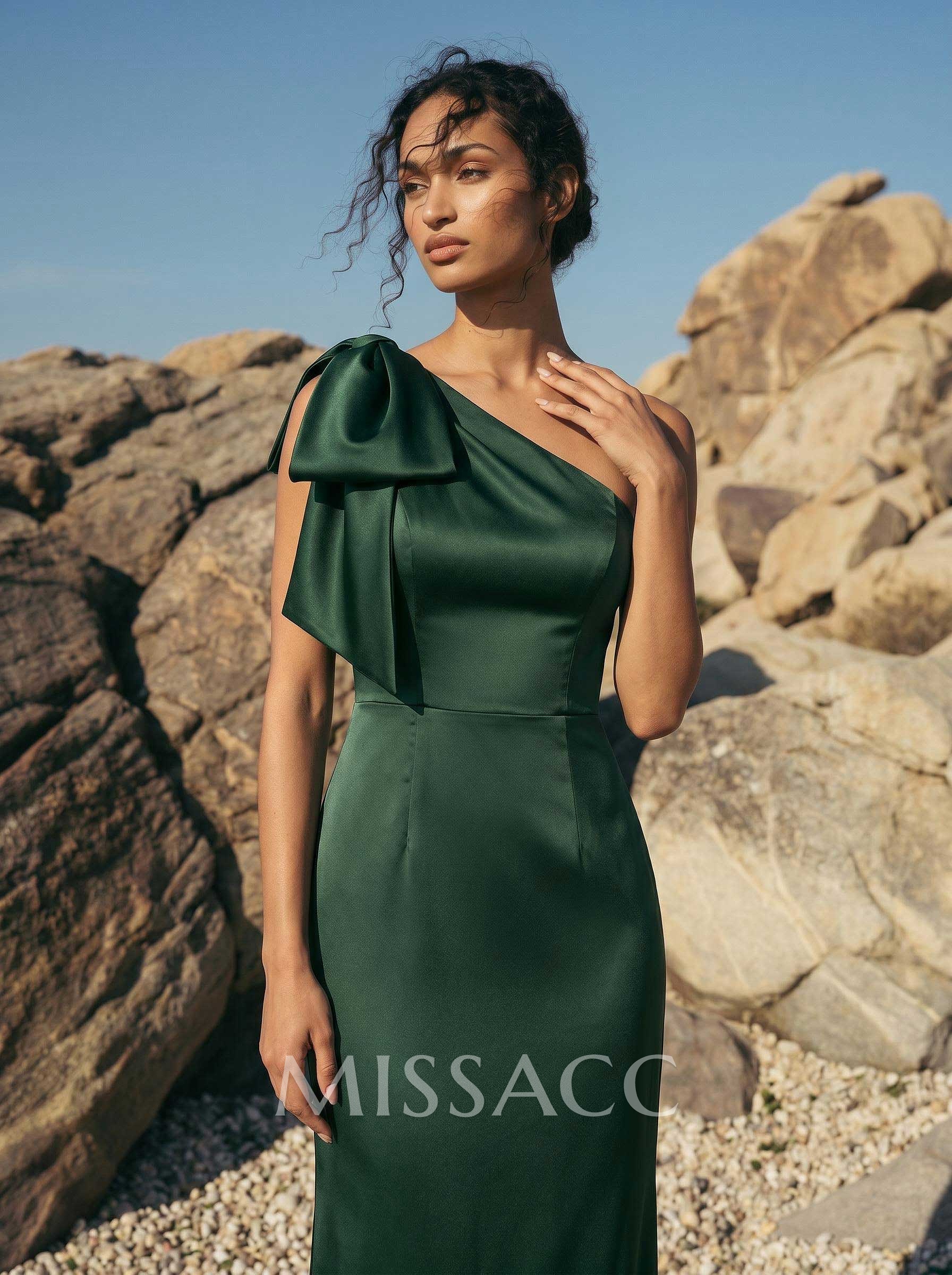 Sheath/Column One-Shoulder Sleeveless Satin Bridesmaid Dresses With Bow(s) Sheath/Column One-Shoulder Sleeveless Satin Bridesmaid Dresses With Bow(s)