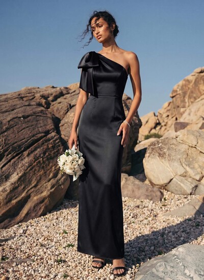 Sheath/Column One-Shoulder Sleeveless Satin Bridesmaid Dresses With Bow(s)