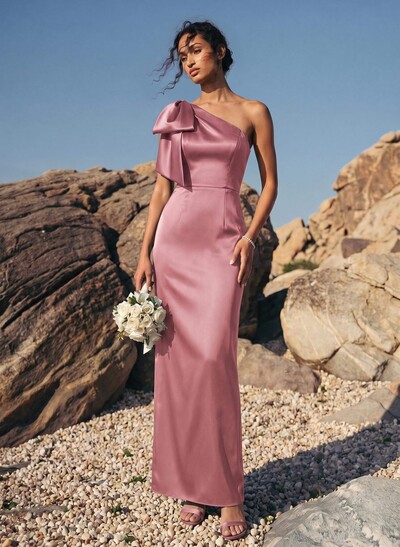 Sheath/Column One-Shoulder Sleeveless Satin Bridesmaid Dresses With Bow(s)