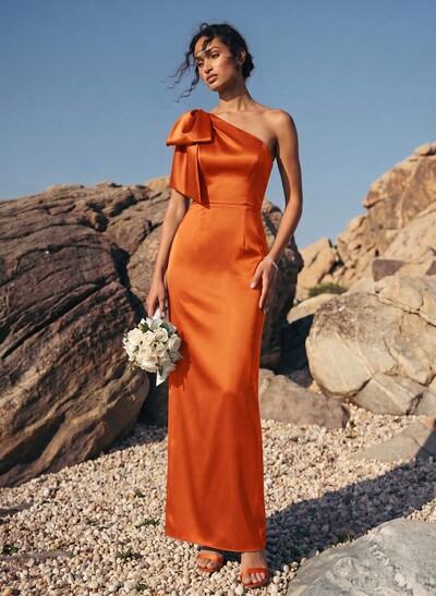 Sheath/Column One-Shoulder Sleeveless Satin Bridesmaid Dresses With Bow(s)