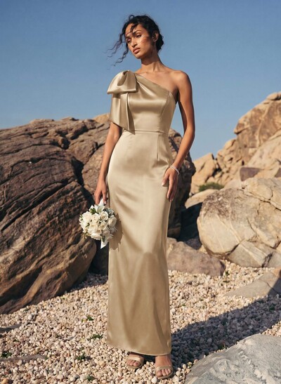 Sheath/Column One-Shoulder Sleeveless Satin Bridesmaid Dresses With Bow(s)