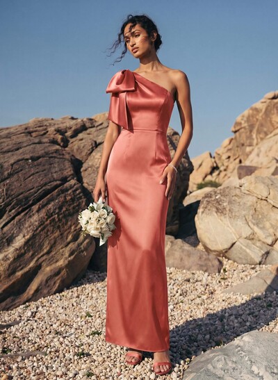 Sheath/Column One-Shoulder Sleeveless Satin Bridesmaid Dresses With Bow(s)
