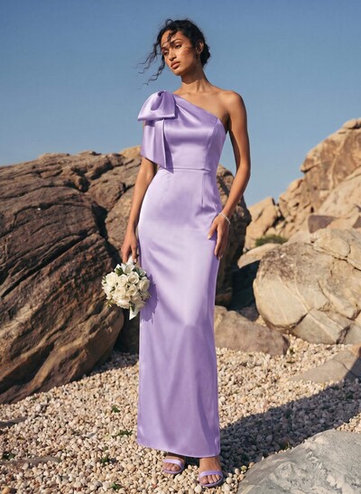 Satin One-Shoulder Sleeveless Column Bridesmaid Dresses with Bow Detail